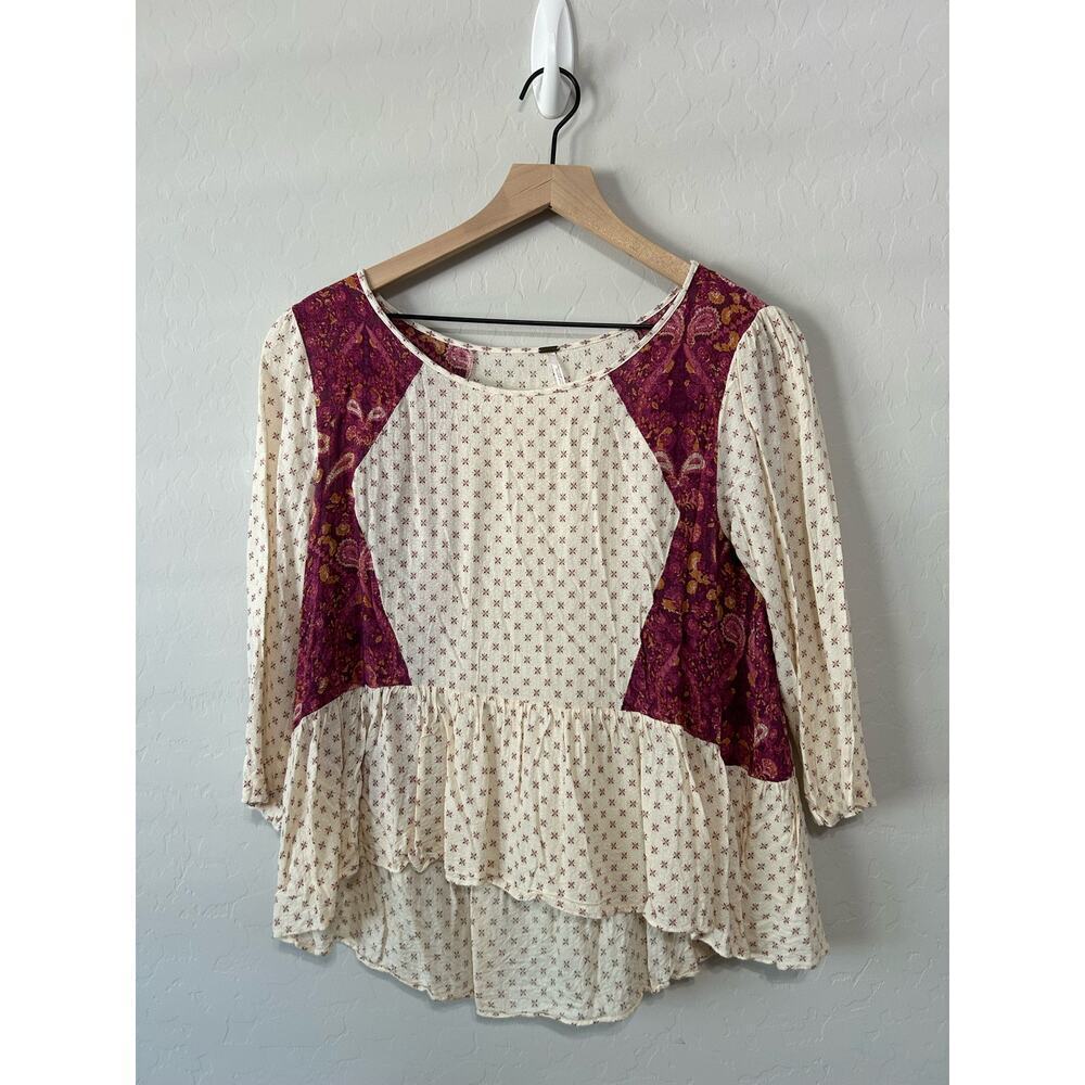 Free People Dandelion Print Peplum Blouse High Low Cream and Purple Bohemian M